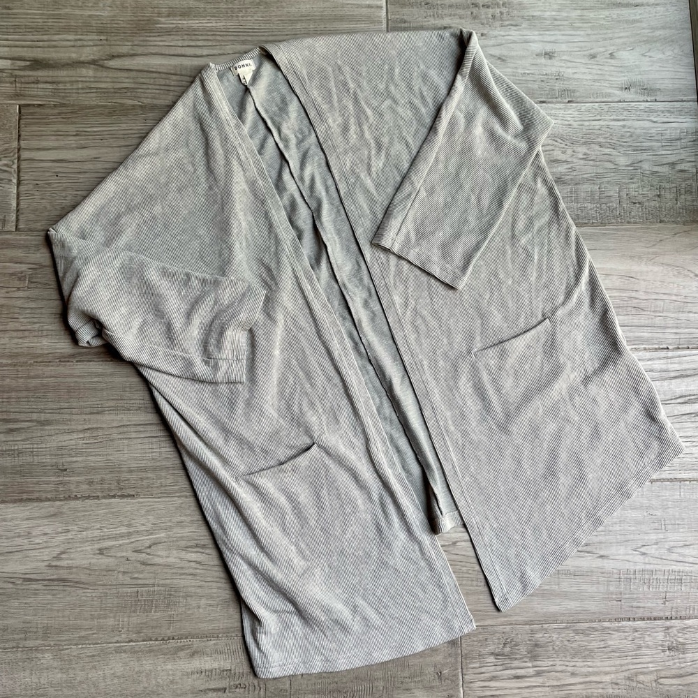 DONNI. Ribbed Sweater Coat Open Front Stretchy Ribbed Pockets Tan/Sand Color O/S - Picture 2 of 15